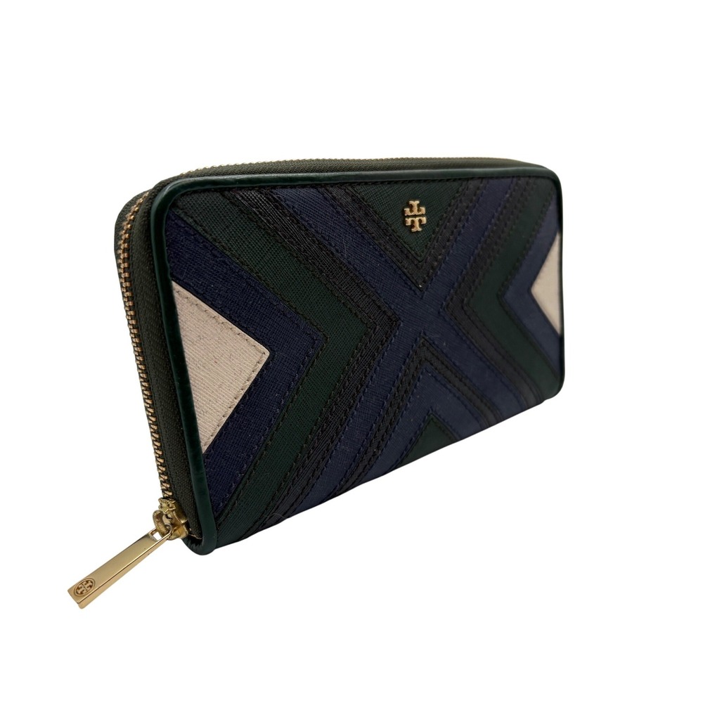 Tory Burch Wallet Womens OS Green Excellent Chevron Zip Around Saffiano Leather - Picture 2 of 6
